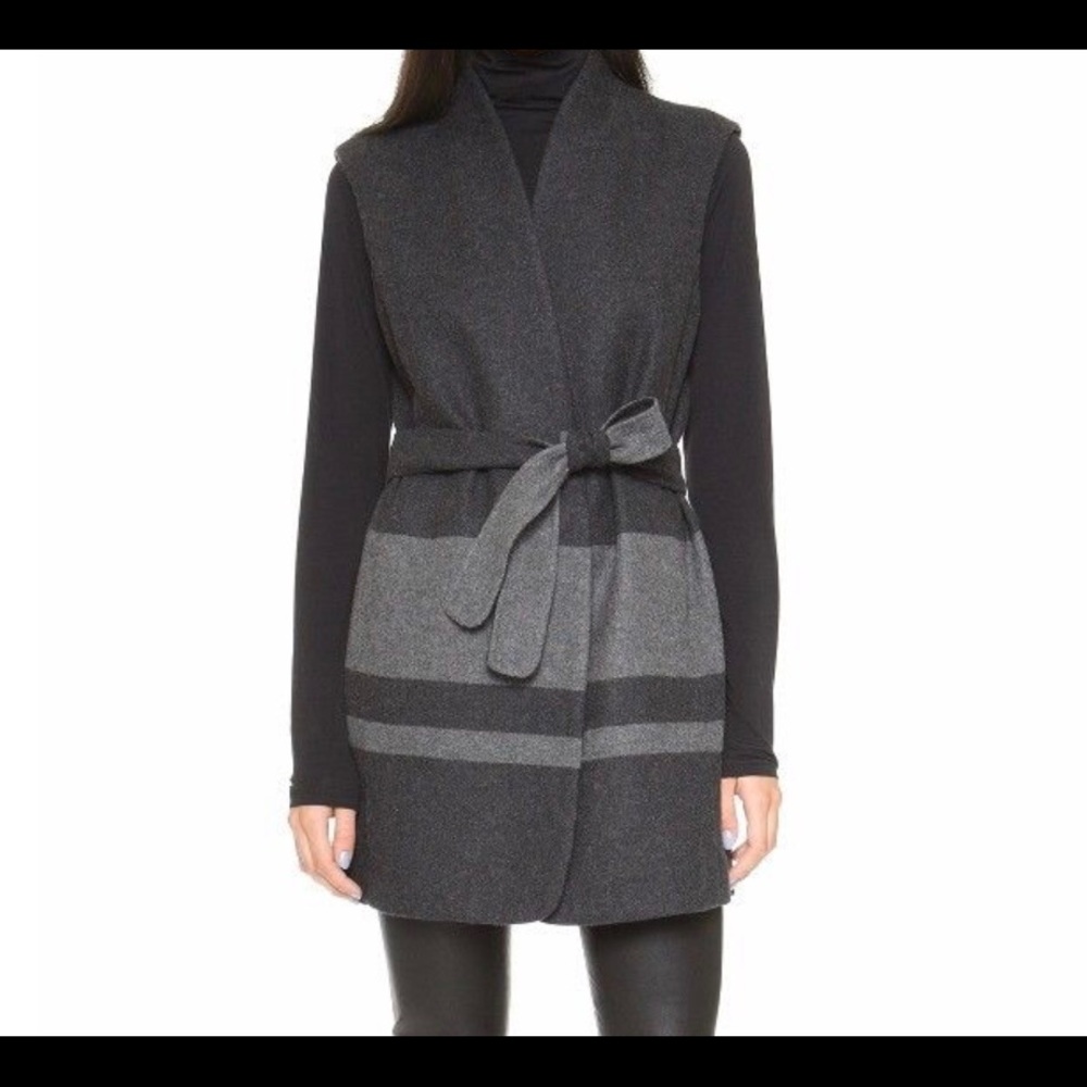 VINCE CHARCOAL GREY STRIPED WOOL BLEND LONG VEST